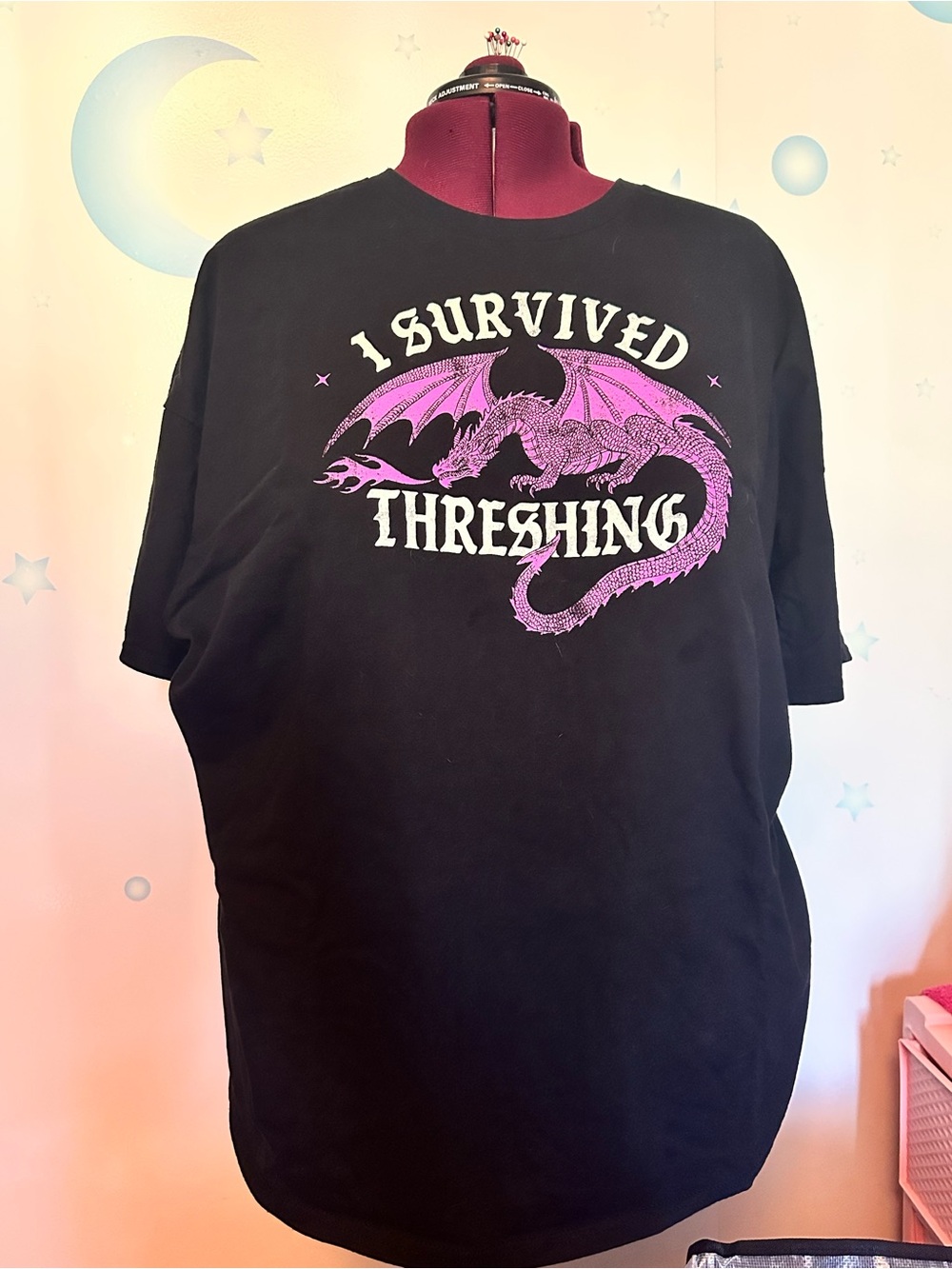Out of Print “I Survived Threshing” Black Graphic T-Shirt with Pink Dragon